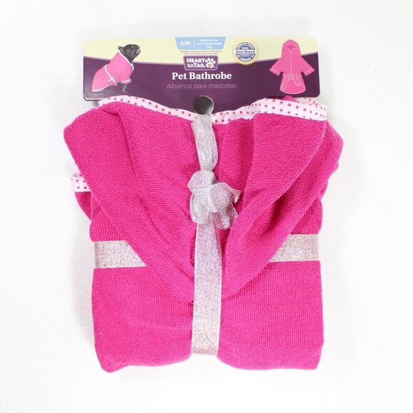 Heart to Tail Pet Bathrobe S/M Pink Dog Robe Hooded With Belt Polka Dots - Picture 1 of 4